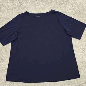 Susan Graver Top Women 1X Blue Liquid Knit Short Sleeve Mature Stretch Career‎